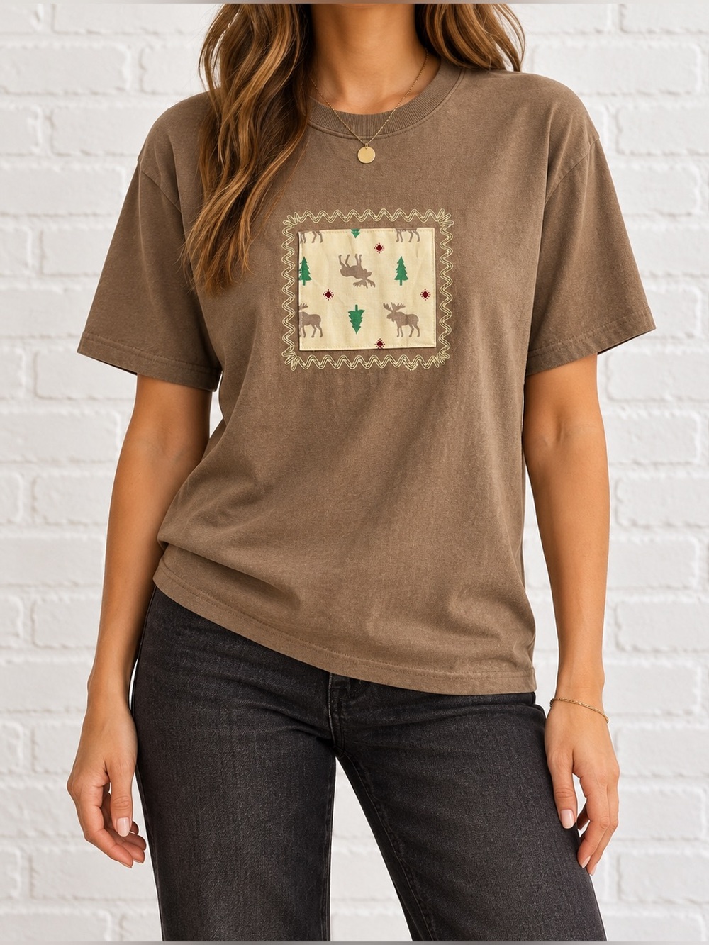 Vintage 90s Fruit of the Loom Moose Holiday T Shirt M Brown Cabin Lodge
